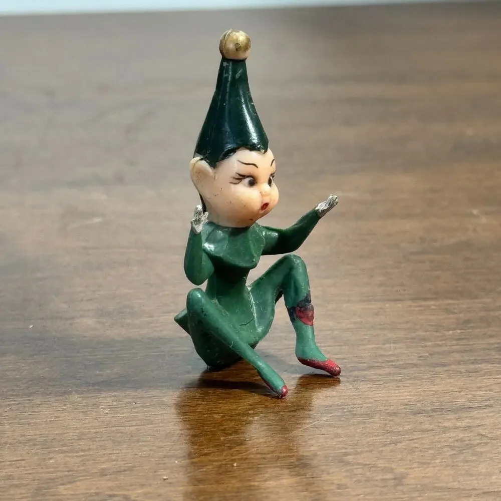 Vintage Japan Christmas Pixie Elf Figurine Green Sitting Knee Hugger Style 2”